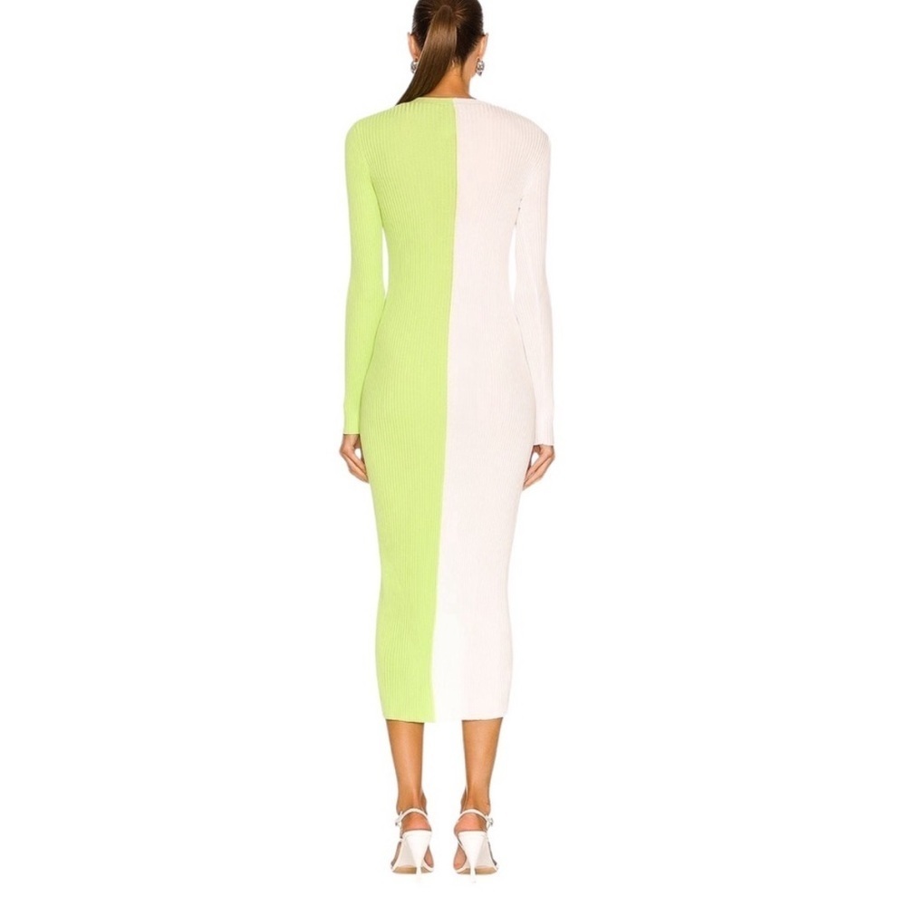 STAUD Shoko Colorblock Knit Dress Lime Green White Size Large Stretch Midi - Picture 2 of 7